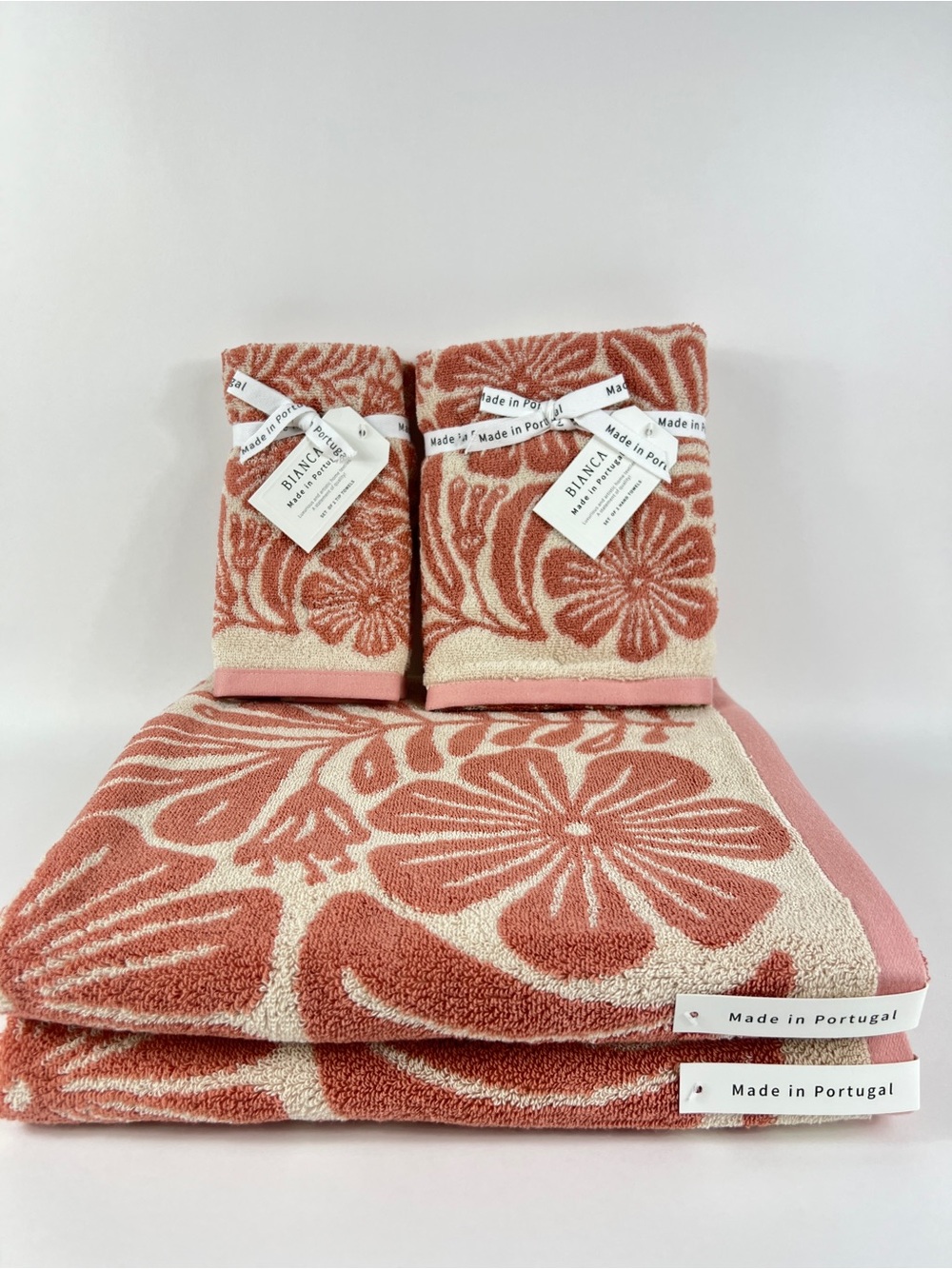 Bianca Bath Towel Set Bold Floral Design Pink Cream Cotton Portugal 6 Pc NEW